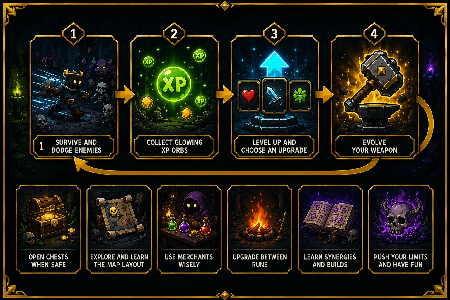 Megabonk beginner tips: survive and dodge, collect XP orbs, level up, evolve your weapon, open chests, explore the map, use merchants, upgrade between runs and learn synergies