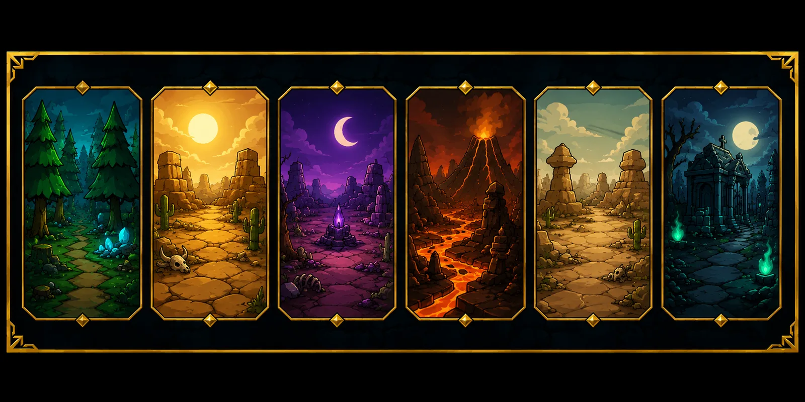The six Megabonk maps: Forest, Crusty Desert, Twilight Desert, Scorched Desert, Desert and Graveyard