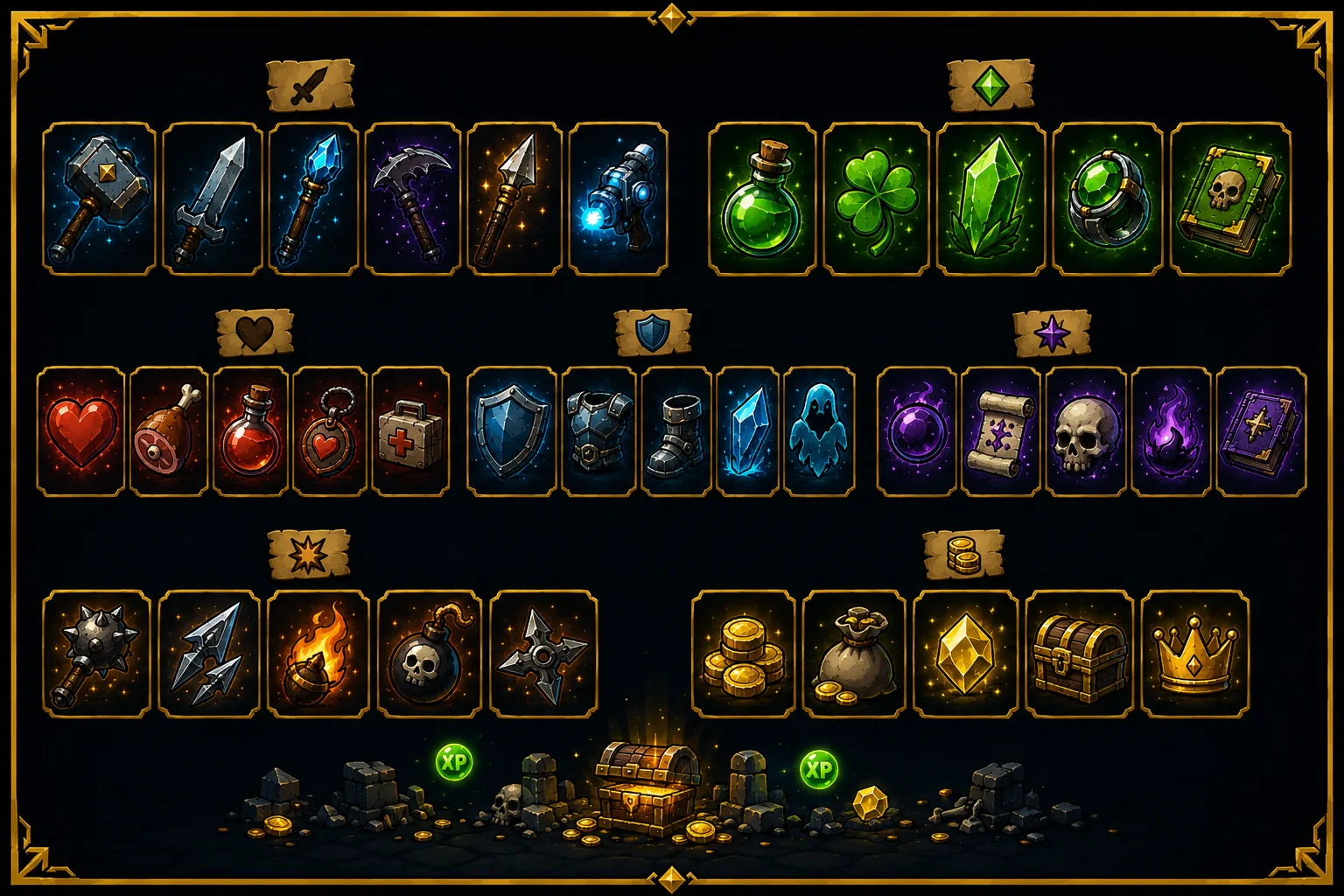 Megabonk items grouped by rarity — Common, Uncommon, Rare, Epic and Quest