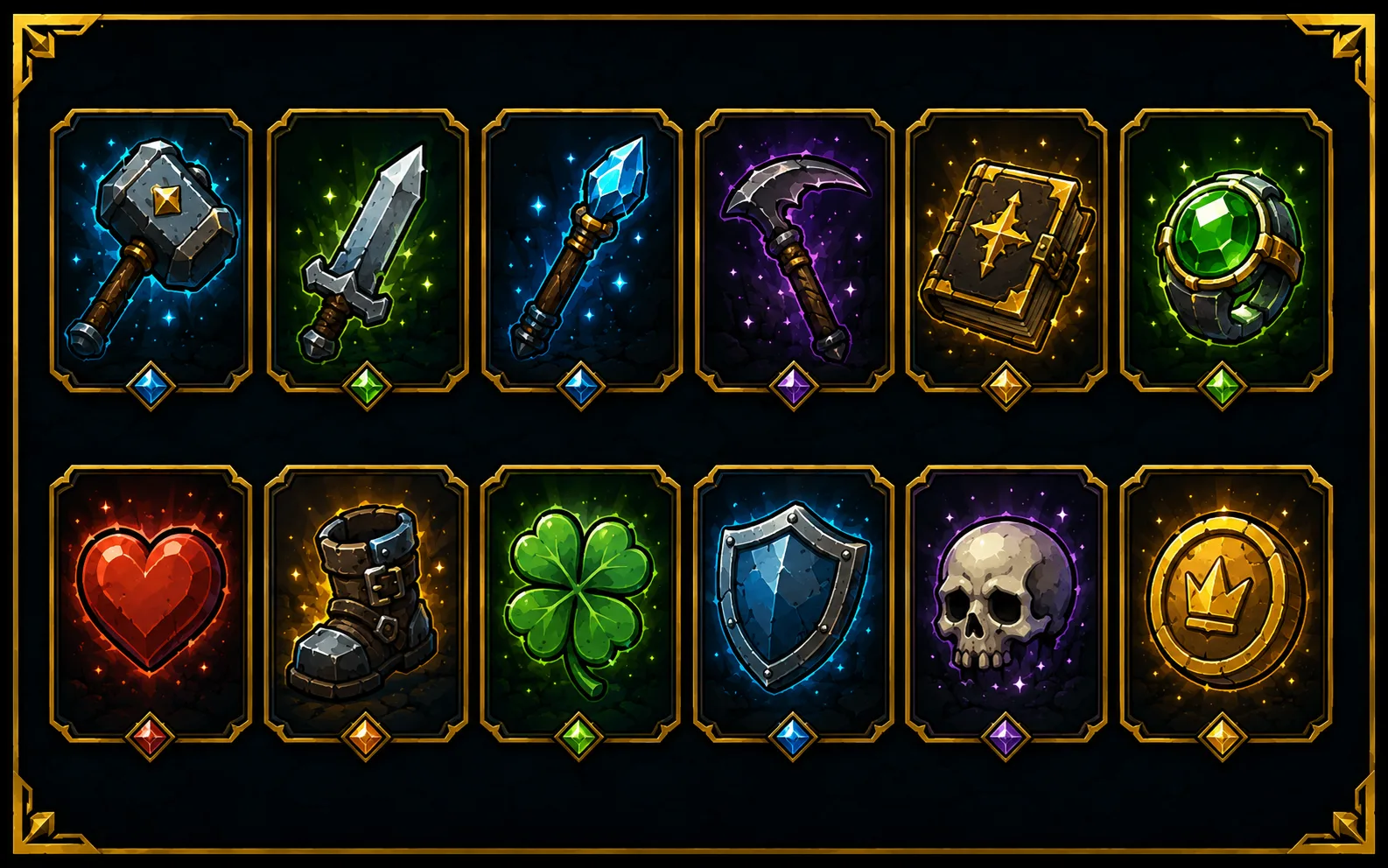 Examples of Megabonk weapons, items and tomes shown as game icons